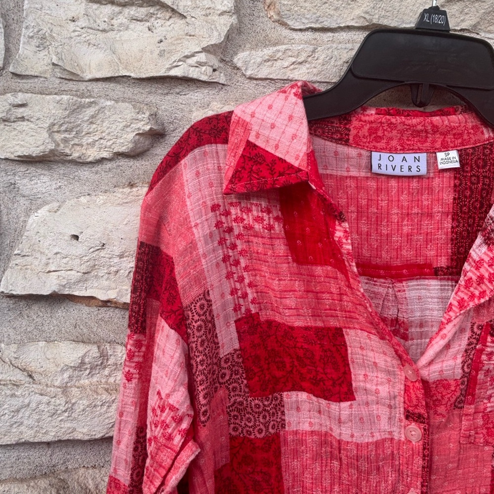 Joan Rivers Red And Pink Patchwork Button-Down Sh… - image 2